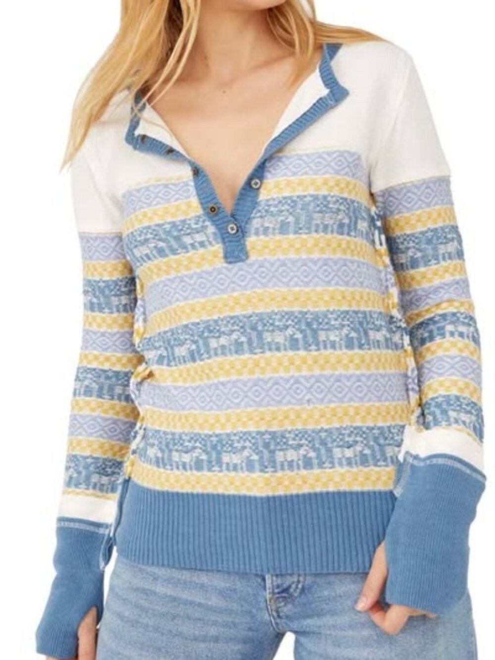 NWT Free People Women's To the Woods Stripe Henley Sweater Blue Yellow Sz Small